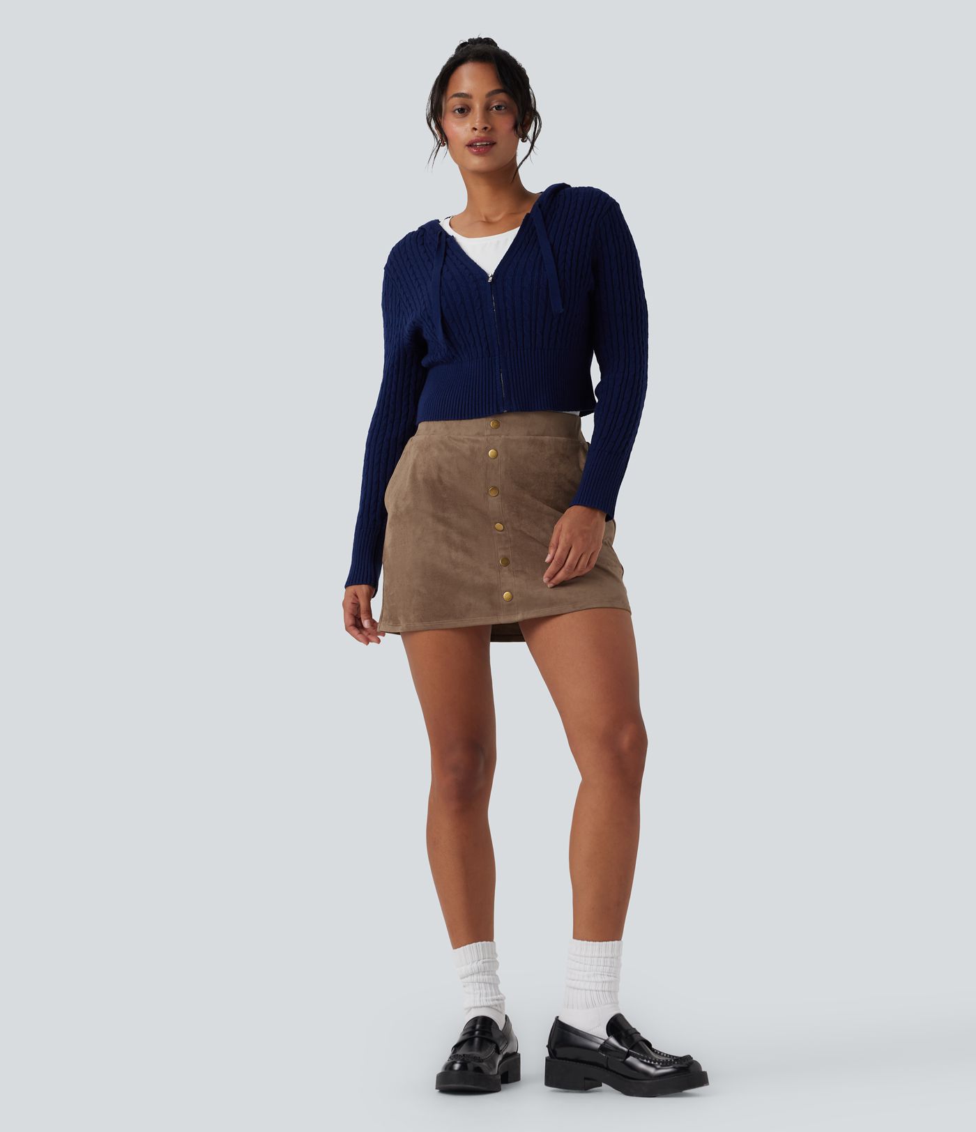 High Waisted 2-in-1 A-line Mini Suede Casual Skirt with Pockets