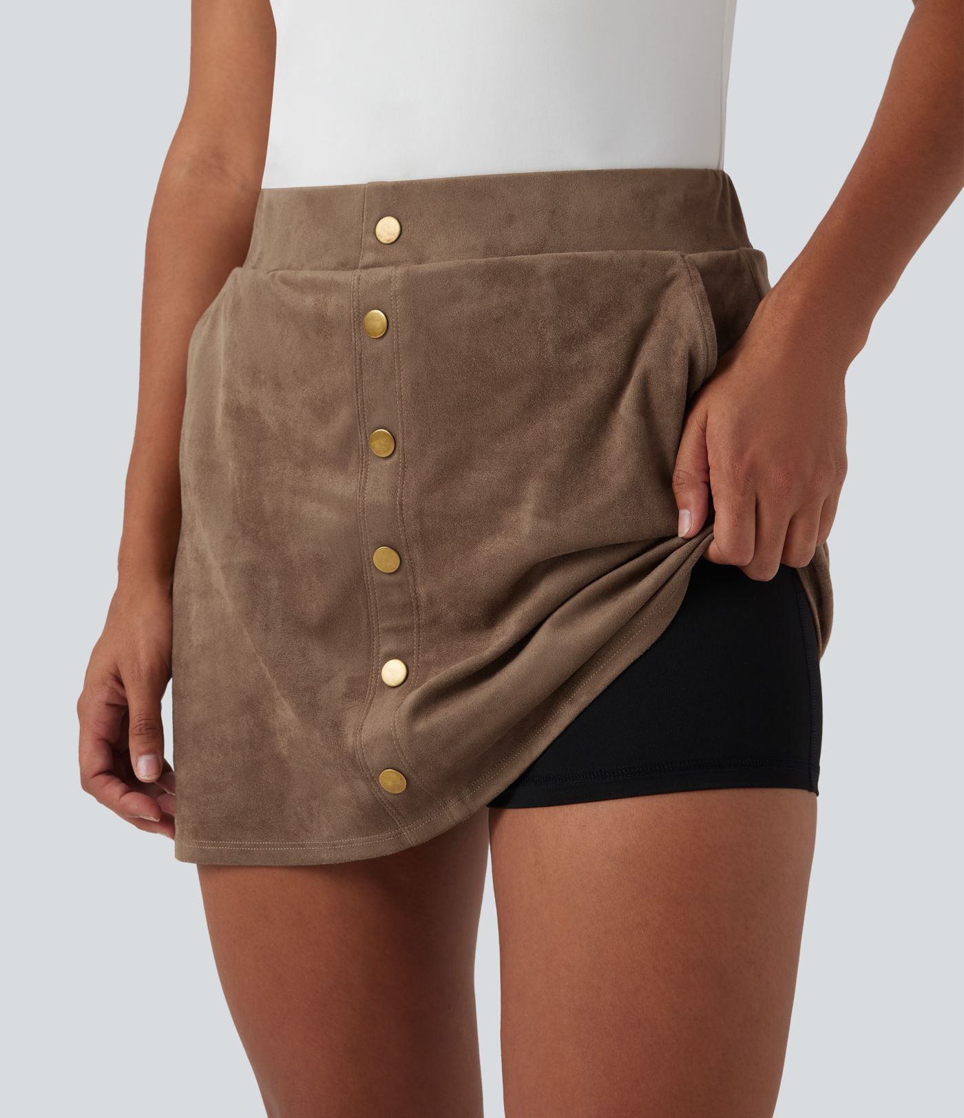 High Waisted 2-in-1 A-line Mini Suede Casual Skirt with Pockets