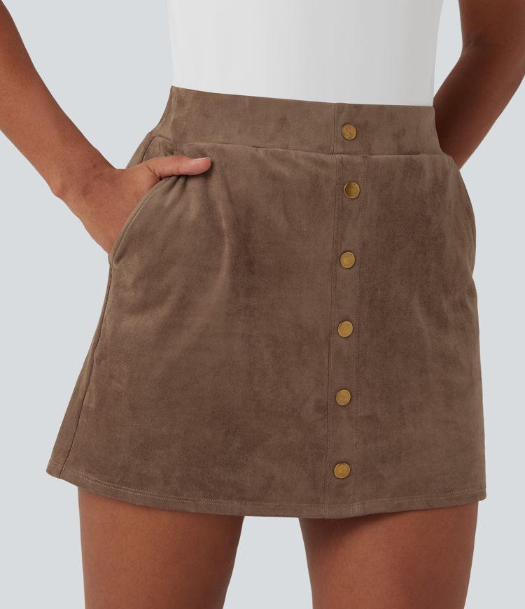 High Waisted 2-in-1 A-line Mini Suede Casual Skirt with Pockets