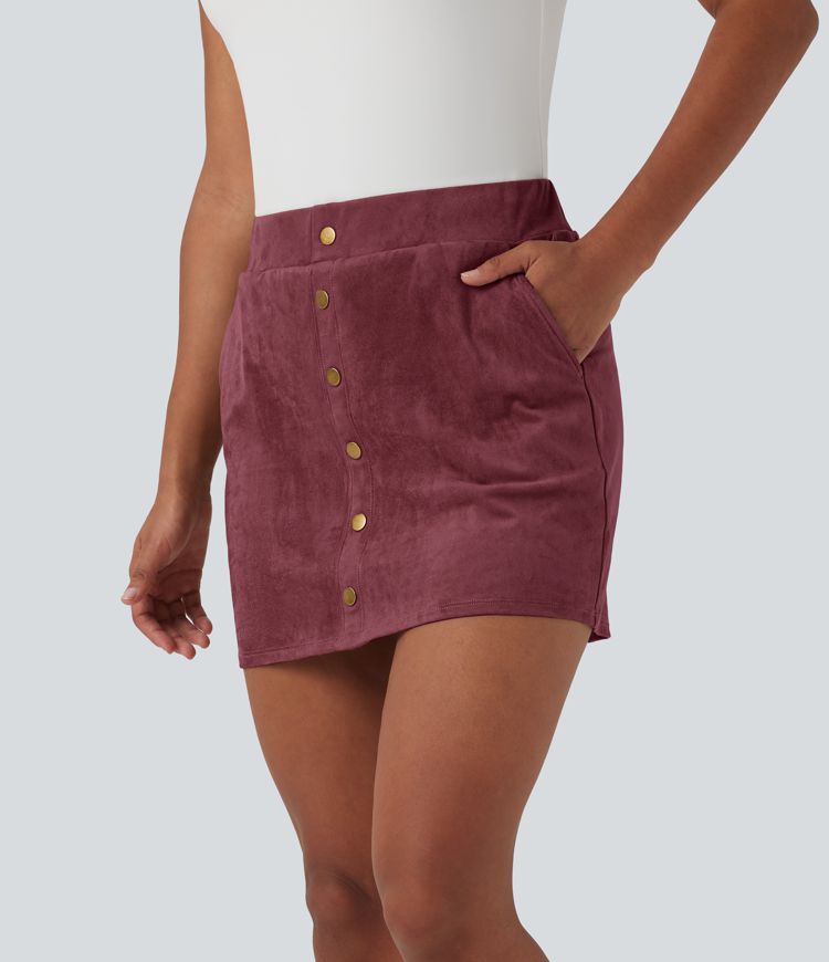 High Waisted 2-in-1 A-line Mini Suede Casual Skirt with Pockets