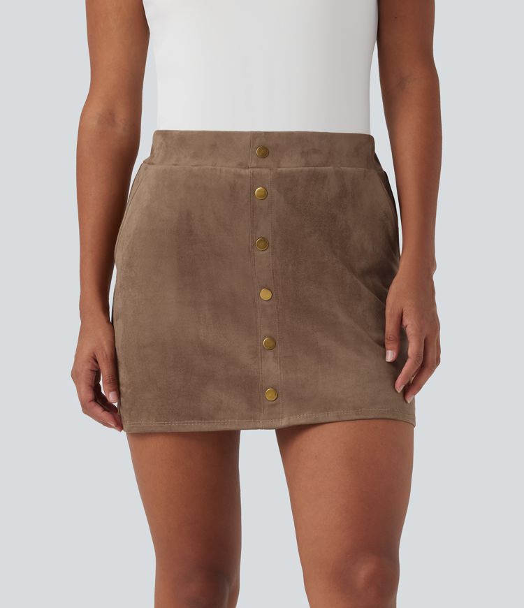 Coca Mocha High Waisted 2-in-1 A-line Mini Suede Casual Skirt with Pockets / 1