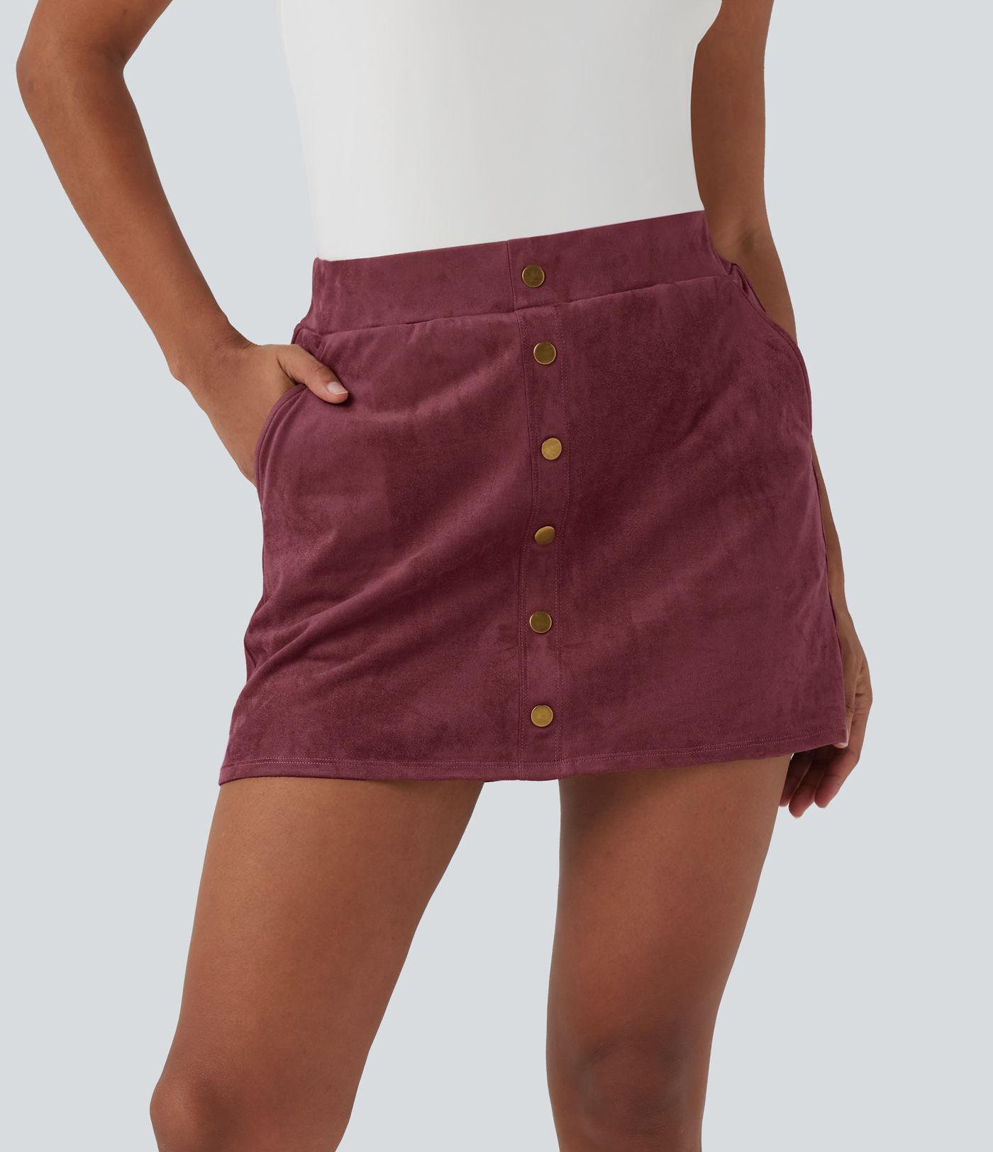 High Waisted 2-in-1 A-line Mini Suede Casual Skirt with Pockets