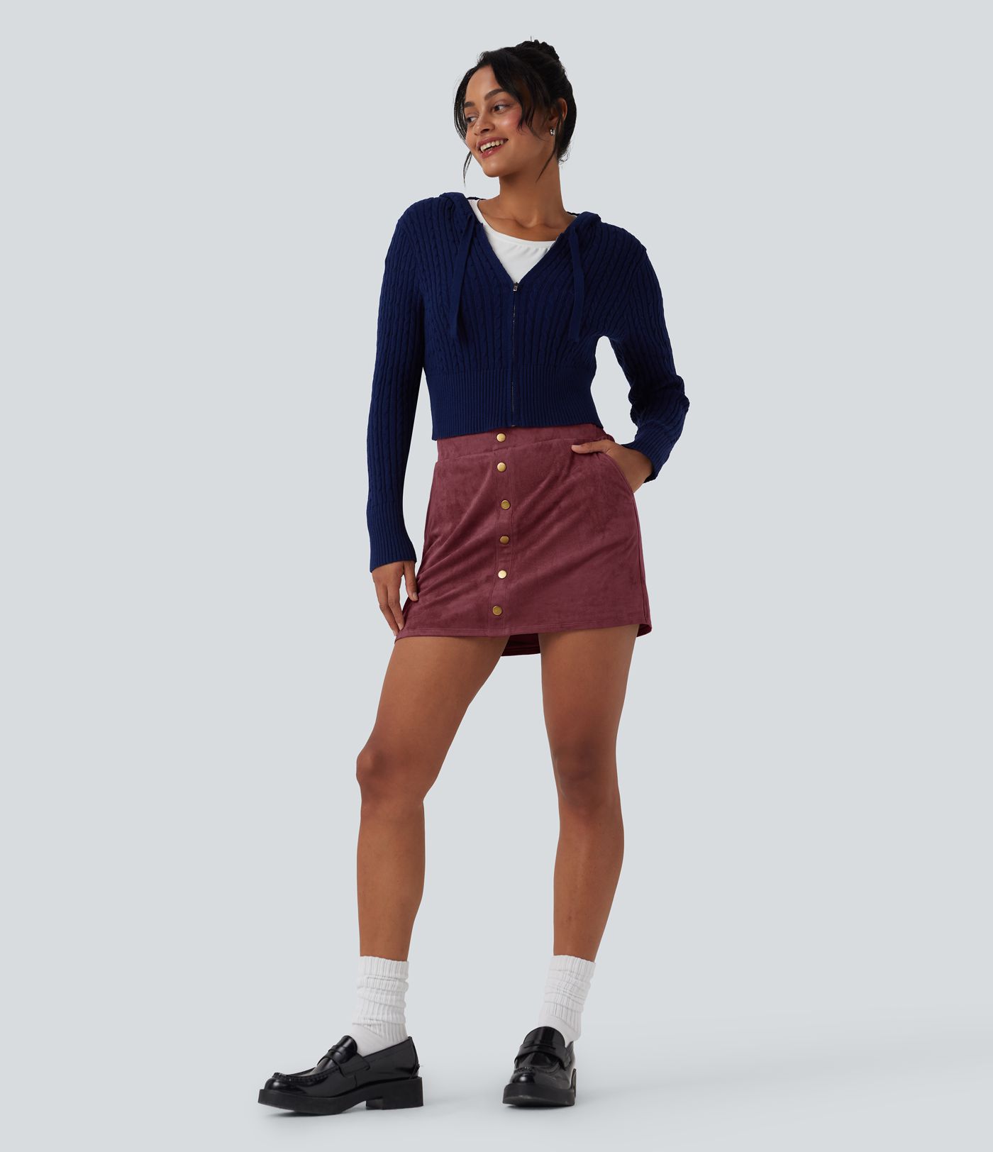 High Waisted 2-in-1 A-line Mini Suede Casual Skirt with Pockets
