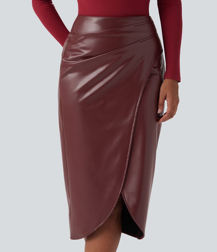 High Waisted Stretchy PU Fleece Tulip Hem Skirt