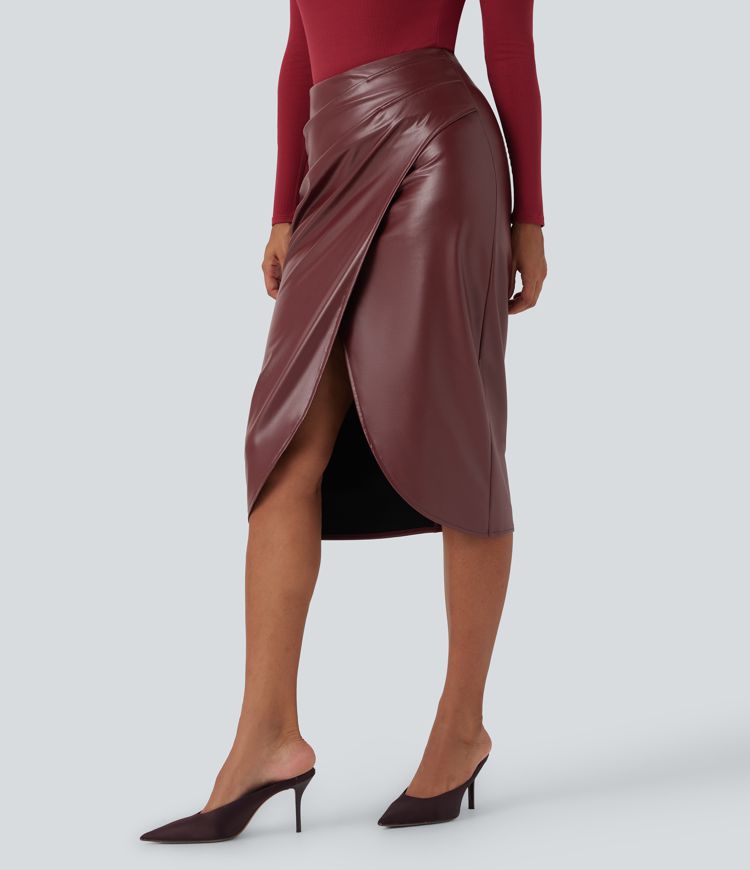 High Waisted Stretchy PU Fleece Tulip Hem Skirt