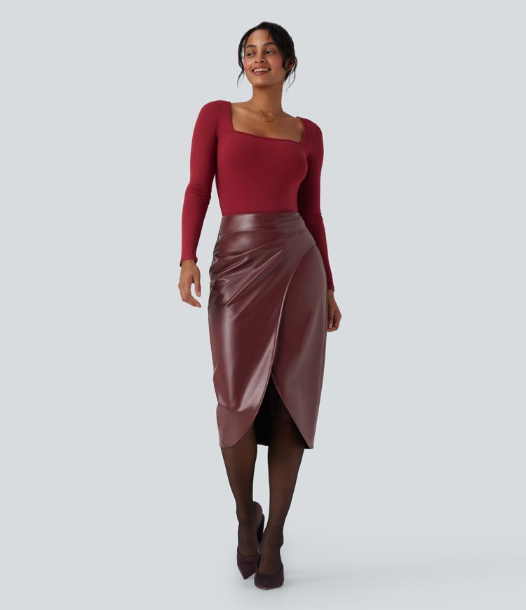 High Waisted Stretchy PU Fleece Tulip Hem Skirt