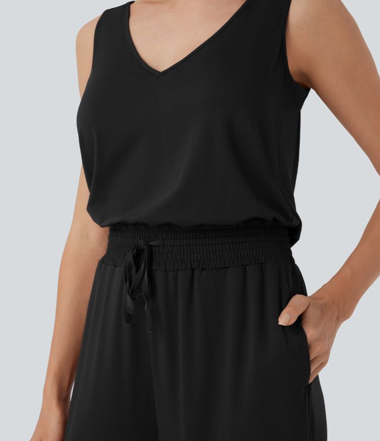 Cowl Backless Sleeveless Drawstring Casual Jumpsuit with Pockets