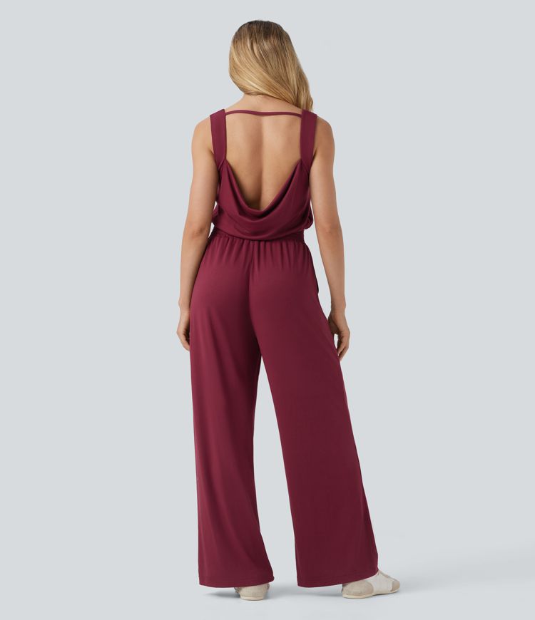 Cowl Backless Sleeveless Drawstring Casual Jumpsuit with Pockets