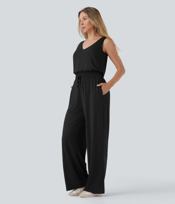 Cowl Backless Sleeveless Drawstring Casual Jumpsuit with Pockets