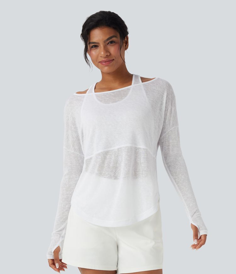 Thumb Hole High Low Curved Hem 2-in-1 Yoga Sports Top