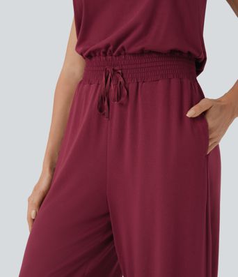 Lässiger, rückenfreier, ärmelloser Jumpsuit mit Seitentaschen, Wasserfallausschnitt und Kordelzug