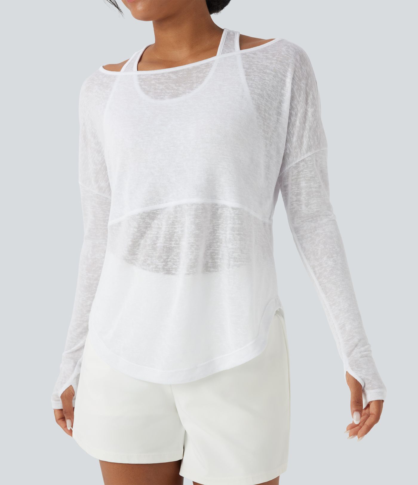 Thumb Hole High Low Curved Hem 2-in-1 Yoga Sports Top