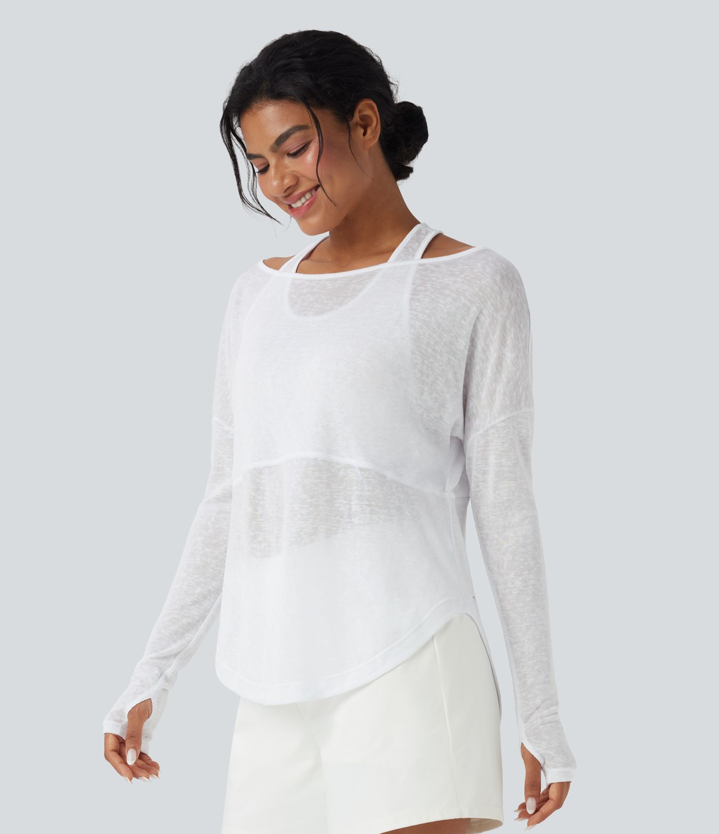 Thumb Hole High Low Curved Hem 2-in-1 Yoga Sports Top