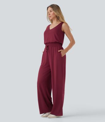 Lässiger, rückenfreier, ärmelloser Jumpsuit mit Seitentaschen, Wasserfallausschnitt und Kordelzug