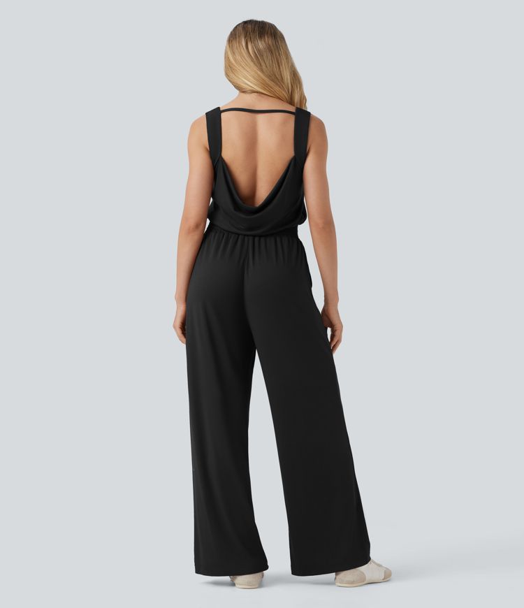 Cowl Backless Sleeveless Drawstring Casual Jumpsuit with Pockets