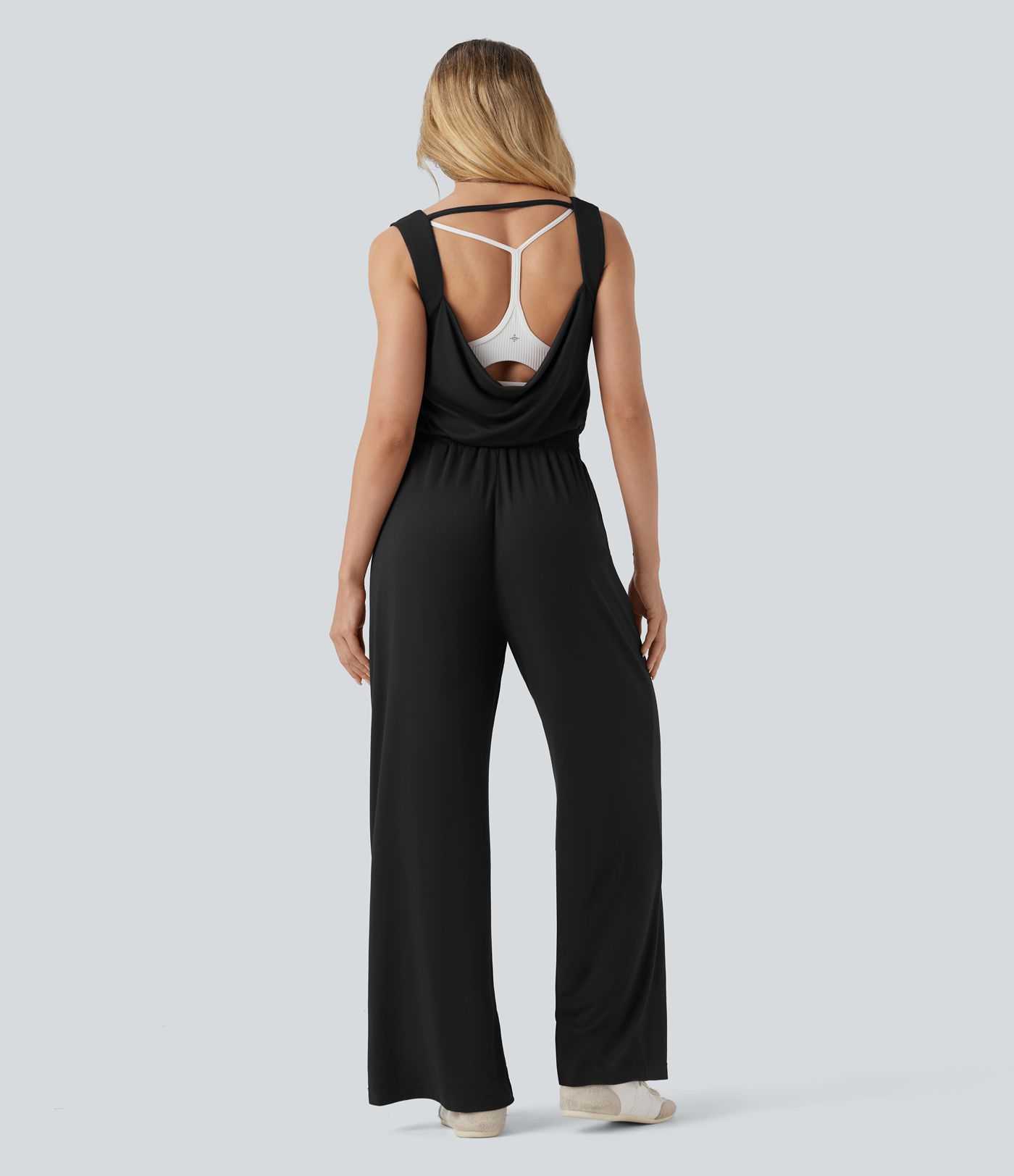 Cowl Backless Sleeveless Drawstring Casual Jumpsuit with Pockets