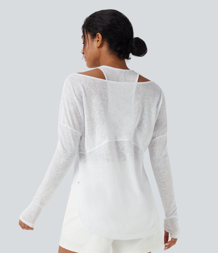 Top yoga sport 2-en-1 trous pouces ourlet arrondi haut-bas manches longues