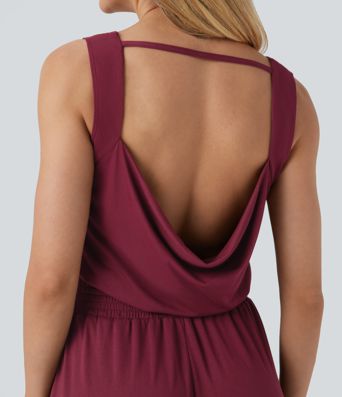 Lässiger, rückenfreier, ärmelloser Jumpsuit mit Seitentaschen, Wasserfallausschnitt und Kordelzug