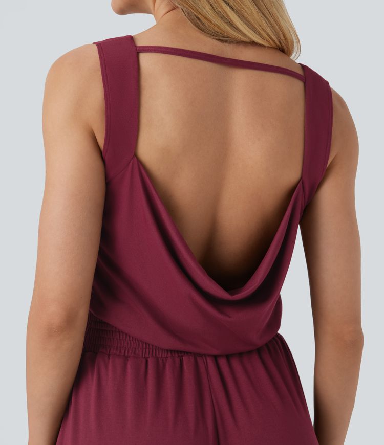 Cowl Backless Sleeveless Drawstring Casual Jumpsuit with Pockets