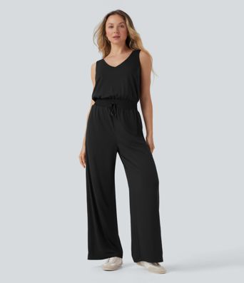 Cowl Backless Sleeveless Drawstring Casual Jumpsuit with Pockets