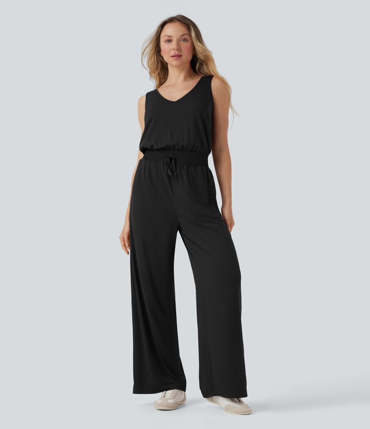 Cowl Backless Sleeveless Drawstring Casual Jumpsuit with Pockets