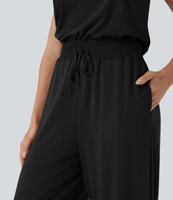 Cowl Backless Sleeveless Drawstring Casual Jumpsuit with Pockets