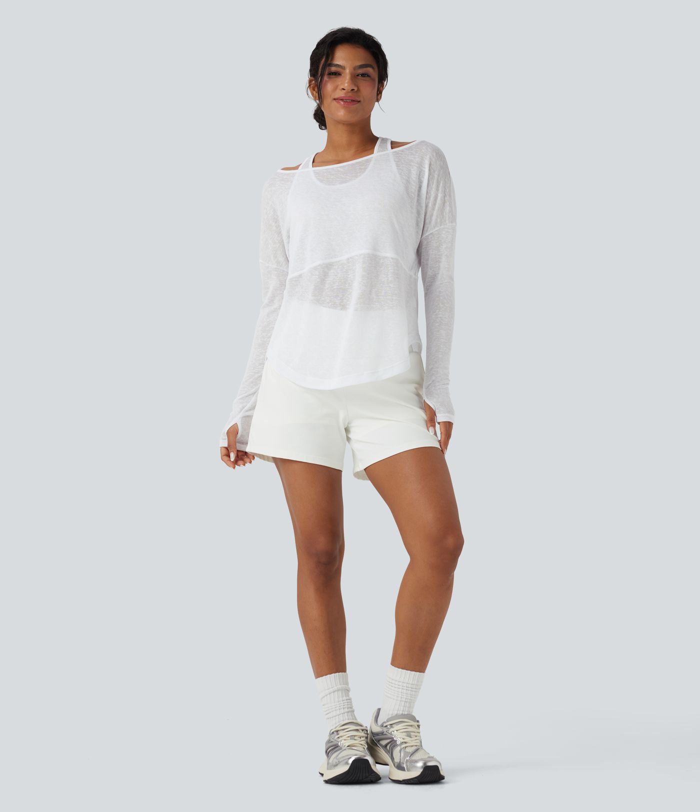 Thumb Hole High Low Curved Hem 2-in-1 Yoga Sports Top