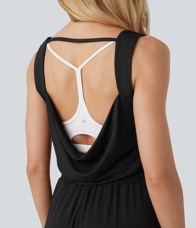 Cowl Backless Sleeveless Drawstring Casual Jumpsuit with Pockets