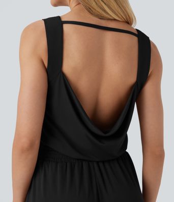 Cowl Backless Sleeveless Drawstring Casual Jumpsuit with Pockets