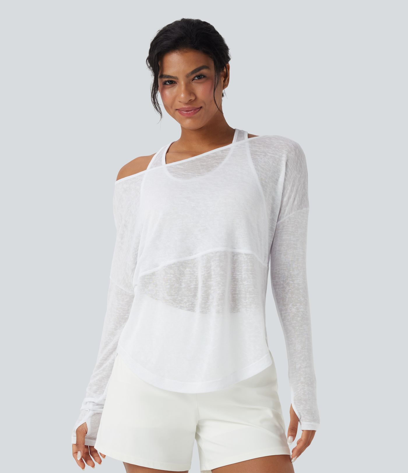 Thumb Hole High Low Curved Hem 2-in-1 Yoga Sports Top