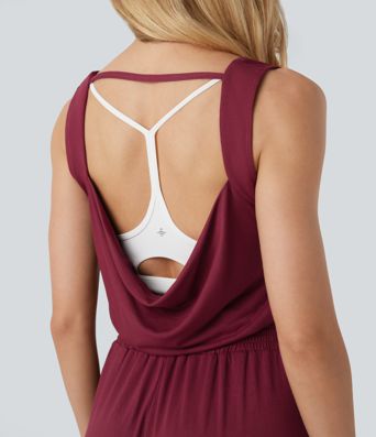 Lässiger, rückenfreier, ärmelloser Jumpsuit mit Seitentaschen, Wasserfallausschnitt und Kordelzug