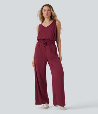 Lässiger, rückenfreier, ärmelloser Jumpsuit mit Seitentaschen, Wasserfallausschnitt und Kordelzug