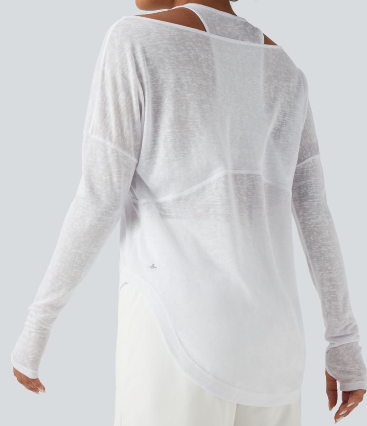 Top yoga sport 2-en-1 trous pouces ourlet arrondi haut-bas manches longues