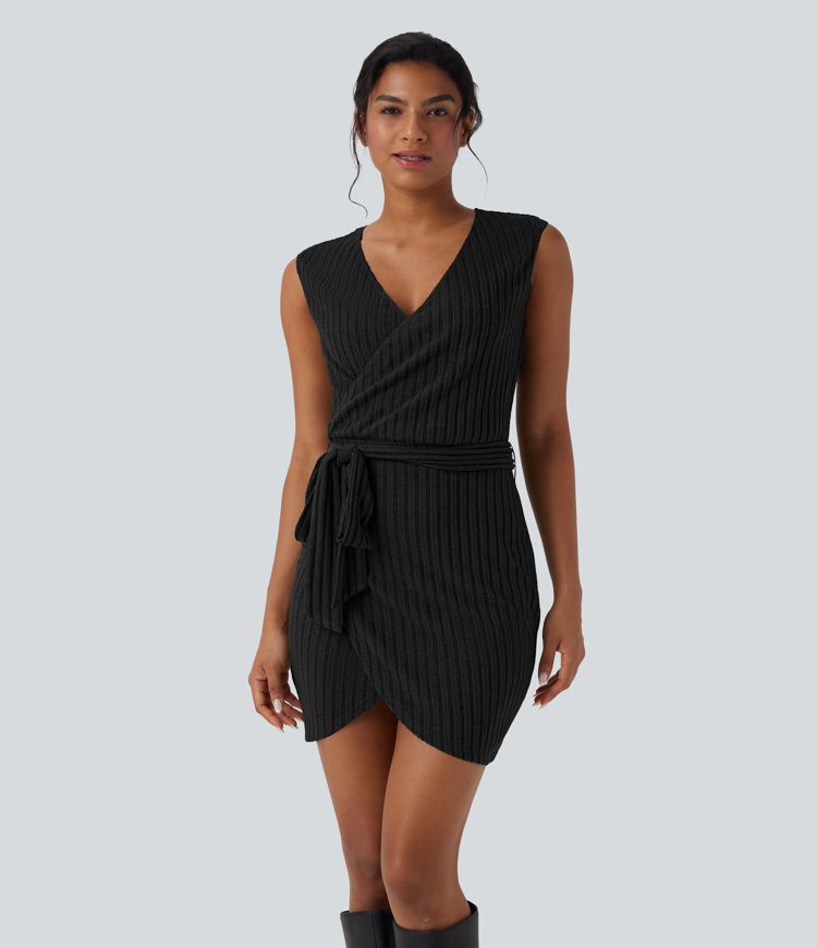 Ribbed Knit Sleeveless Belted Wrap Bodycon Mini Casual Dress