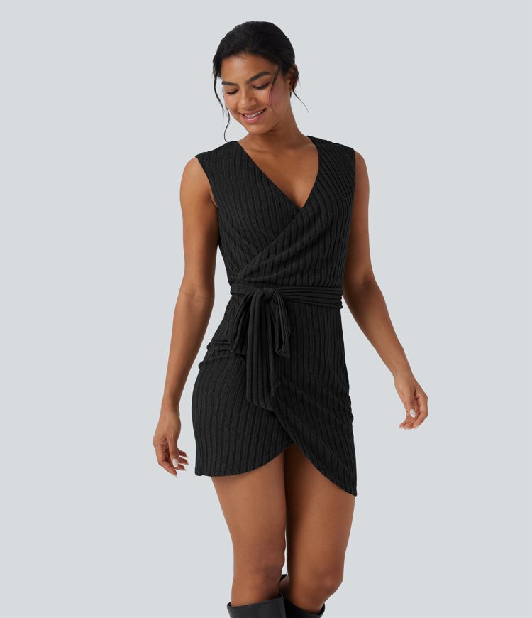 Robe courte moulante décontractée maille côtelée sans manches portefeuille avec ceinture