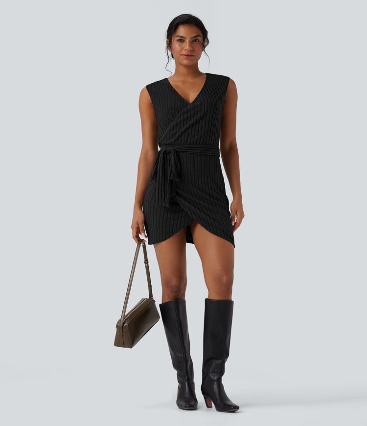 Robe courte moulante décontractée maille côtelée sans manches portefeuille avec ceinture