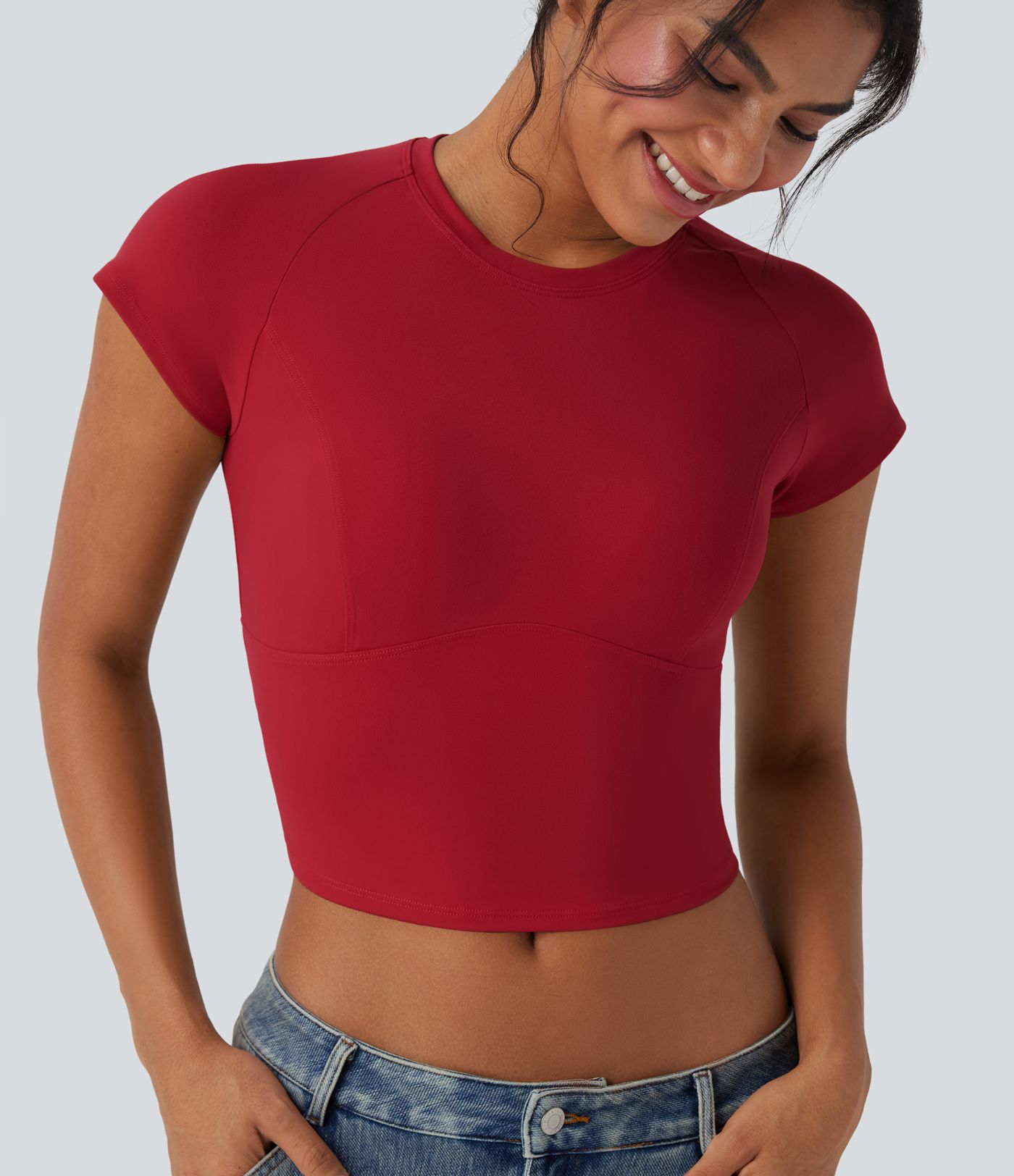 Round Neck Raglan Sleeve Slim Cropped Capri Casual Top