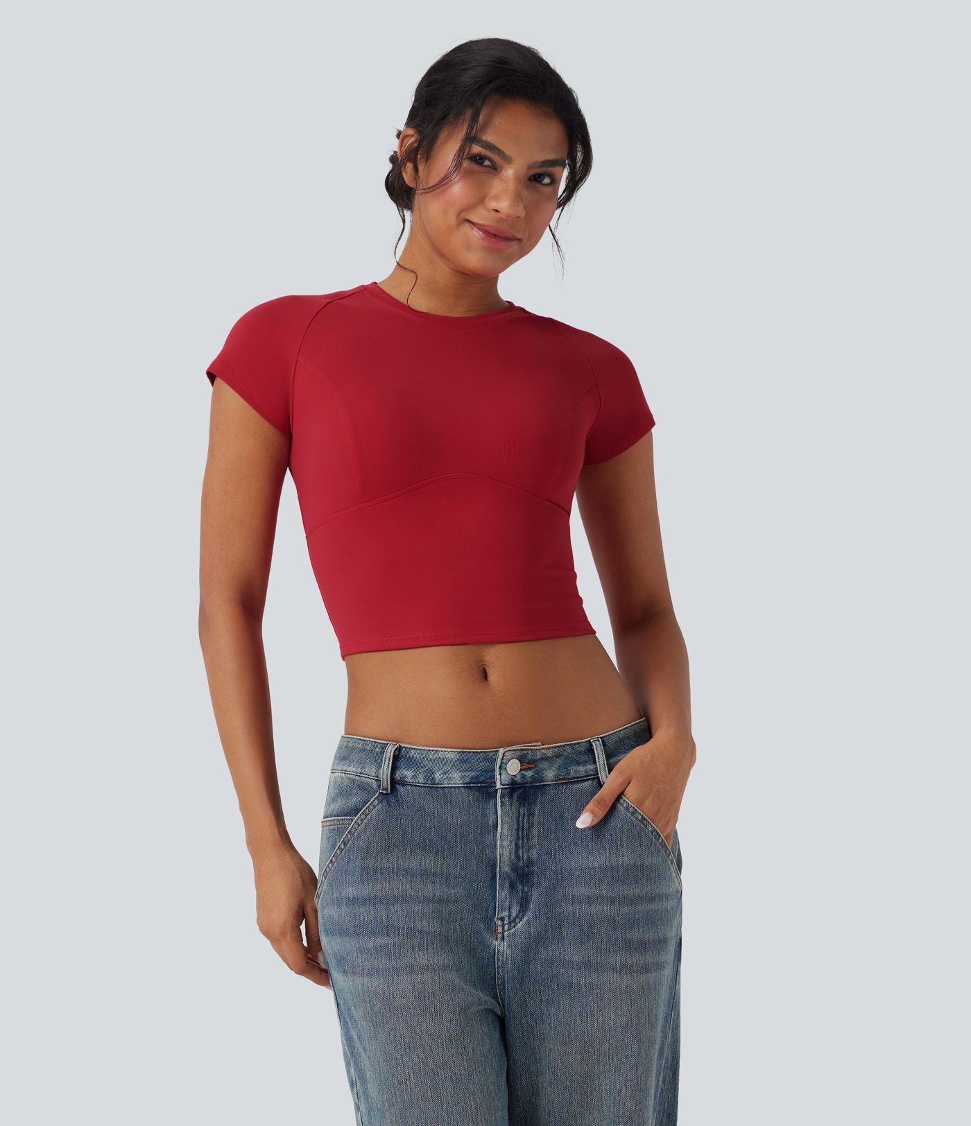 Round Neck Raglan Sleeve Slim Cropped Capri Casual Top