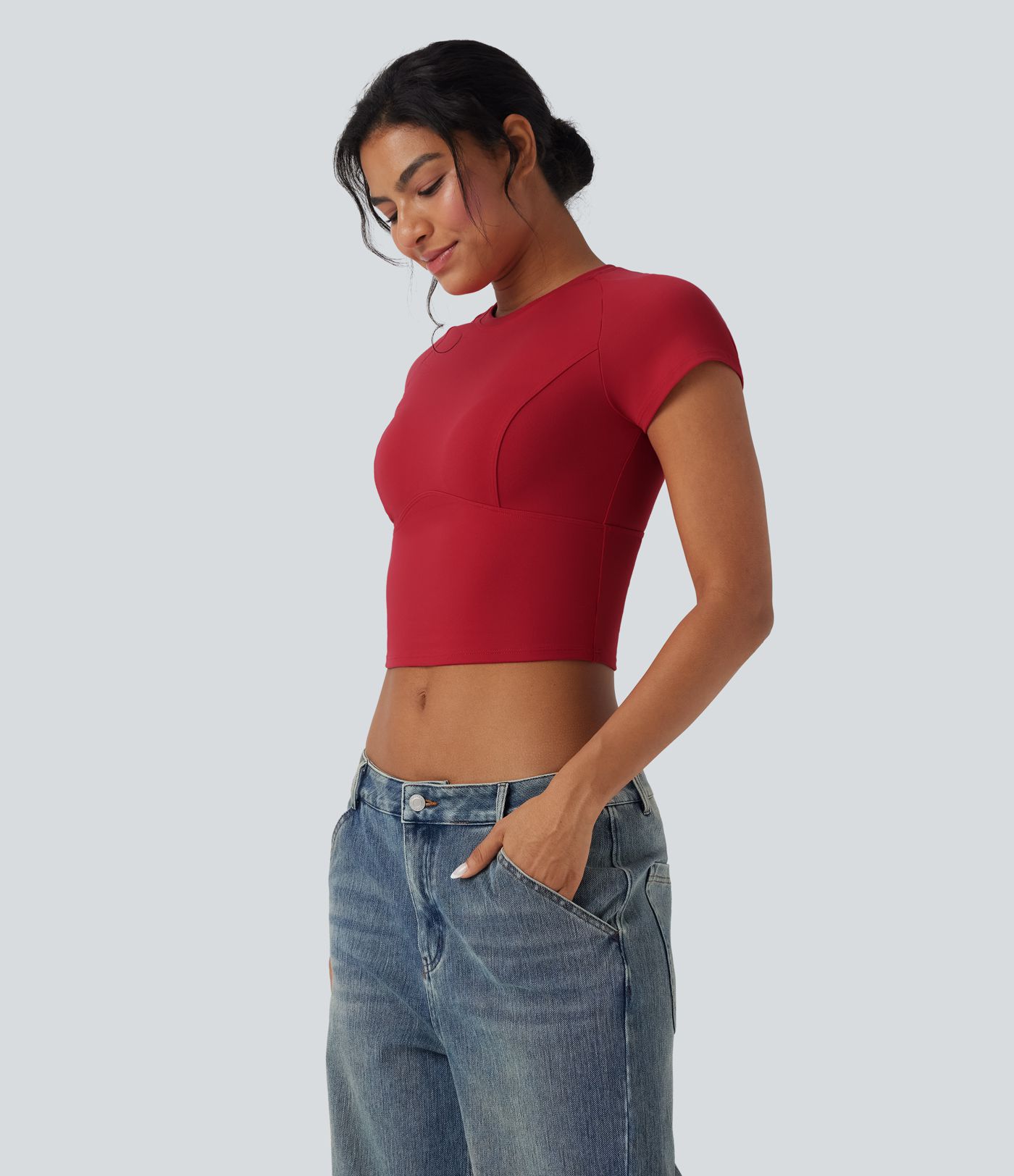 Round Neck Raglan Sleeve Slim Cropped Capri Casual Top