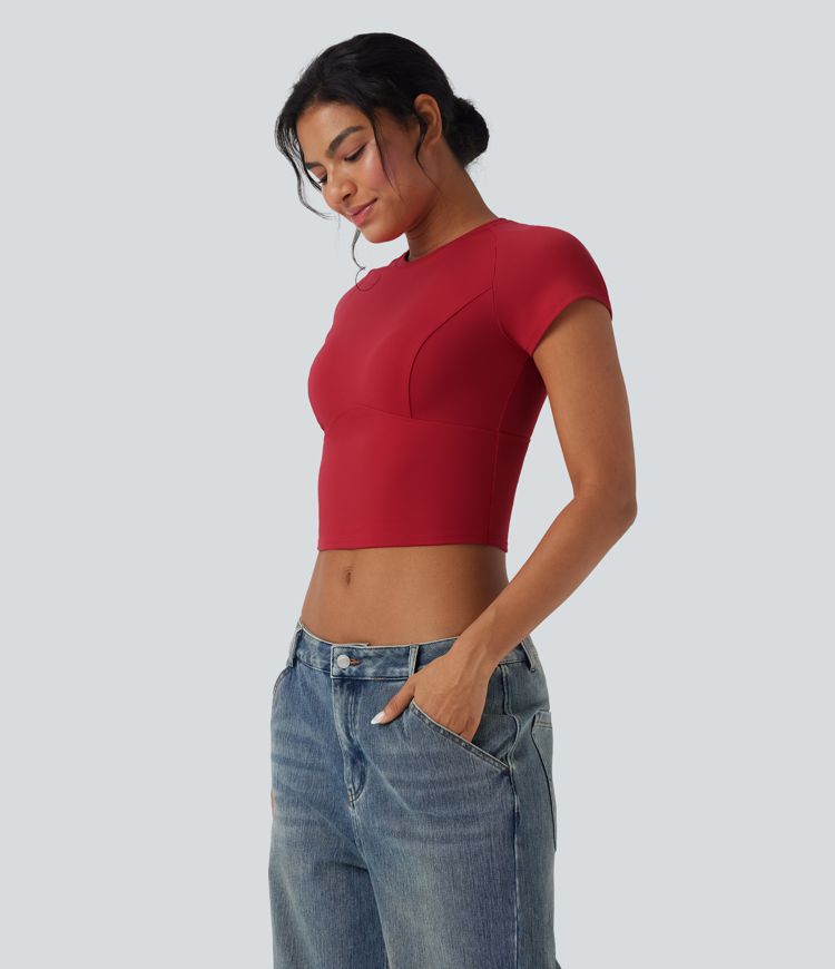 Round Neck Raglan Sleeve Slim Cropped Capri Casual Top