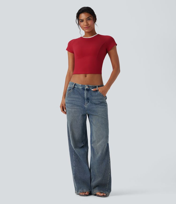 Round Neck Raglan Sleeve Slim Cropped Capri Casual Top