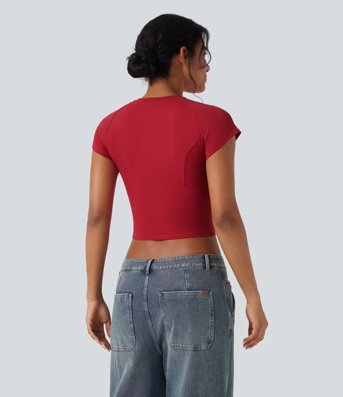Round Neck Raglan Sleeve Slim Cropped Capri Casual Top