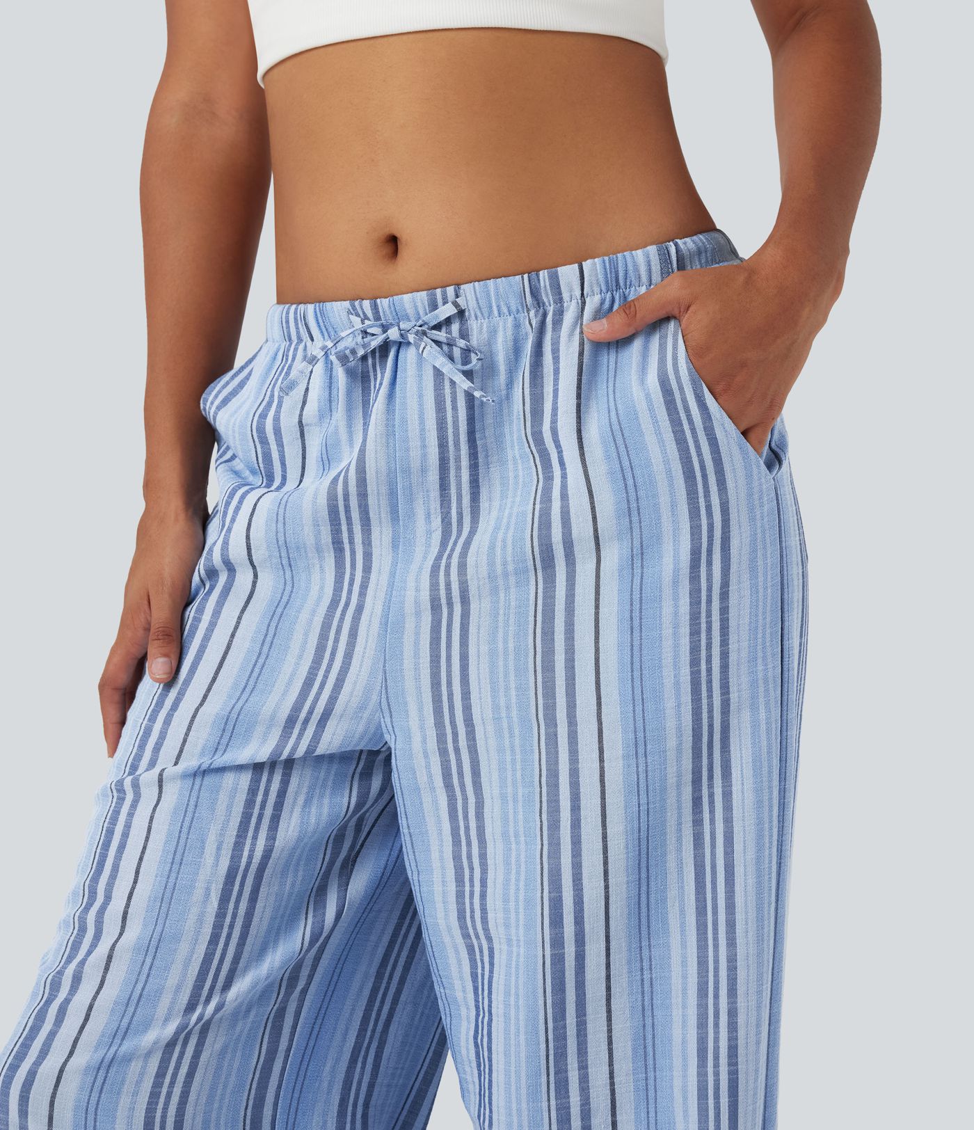 Mid Rise Drawstring Stripe Wide Leg Casual Linen-Feel Pants with Pockets
