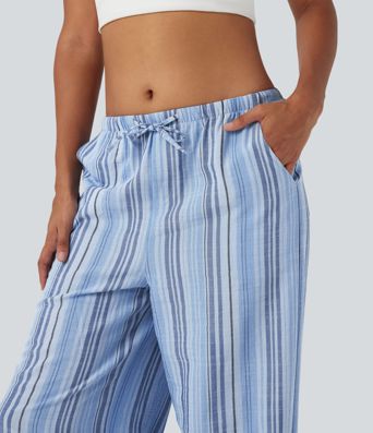 Mid Rise Drawstring Stripe Wide Leg Casual Linen-Feel Pants with Pockets