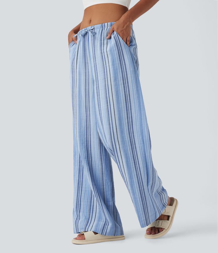 Mid Rise Drawstring Stripe Wide Leg Casual Linen-Feel Pants with Pockets