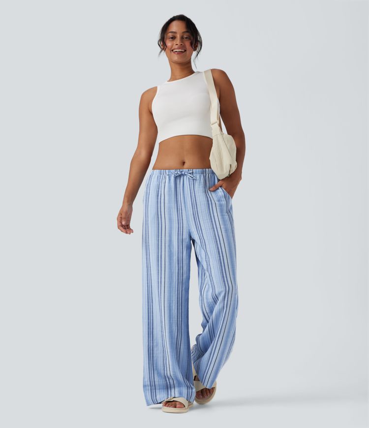 Mid Rise Drawstring Stripe Wide Leg Casual Linen-Feel Pants with Pockets