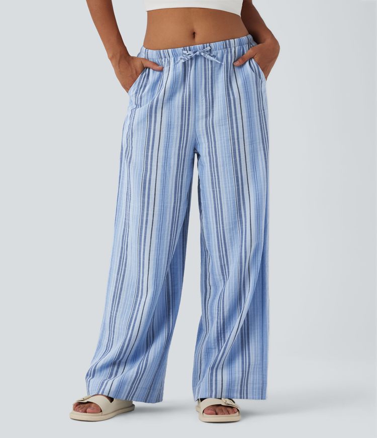Mid Rise Drawstring Stripe Wide Leg Casual Linen-Feel Pants with Pockets