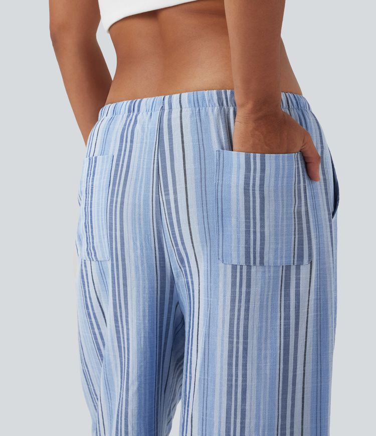 Mid Rise Drawstring Stripe Wide Leg Casual Linen-Feel Pants with Pockets