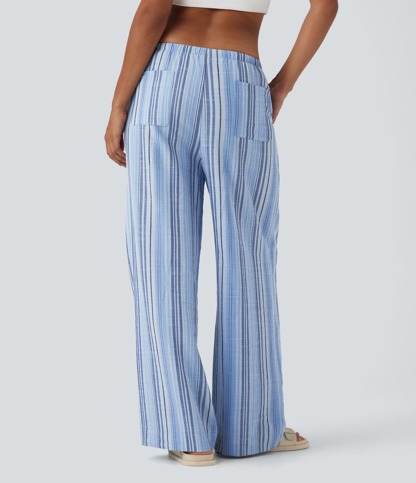 Mid Rise Drawstring Stripe Wide Leg Casual Linen-Feel Pants with Pockets