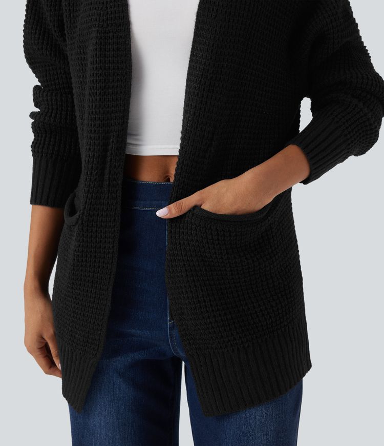 Cardigan décontracté gaufré manches longues avec poches